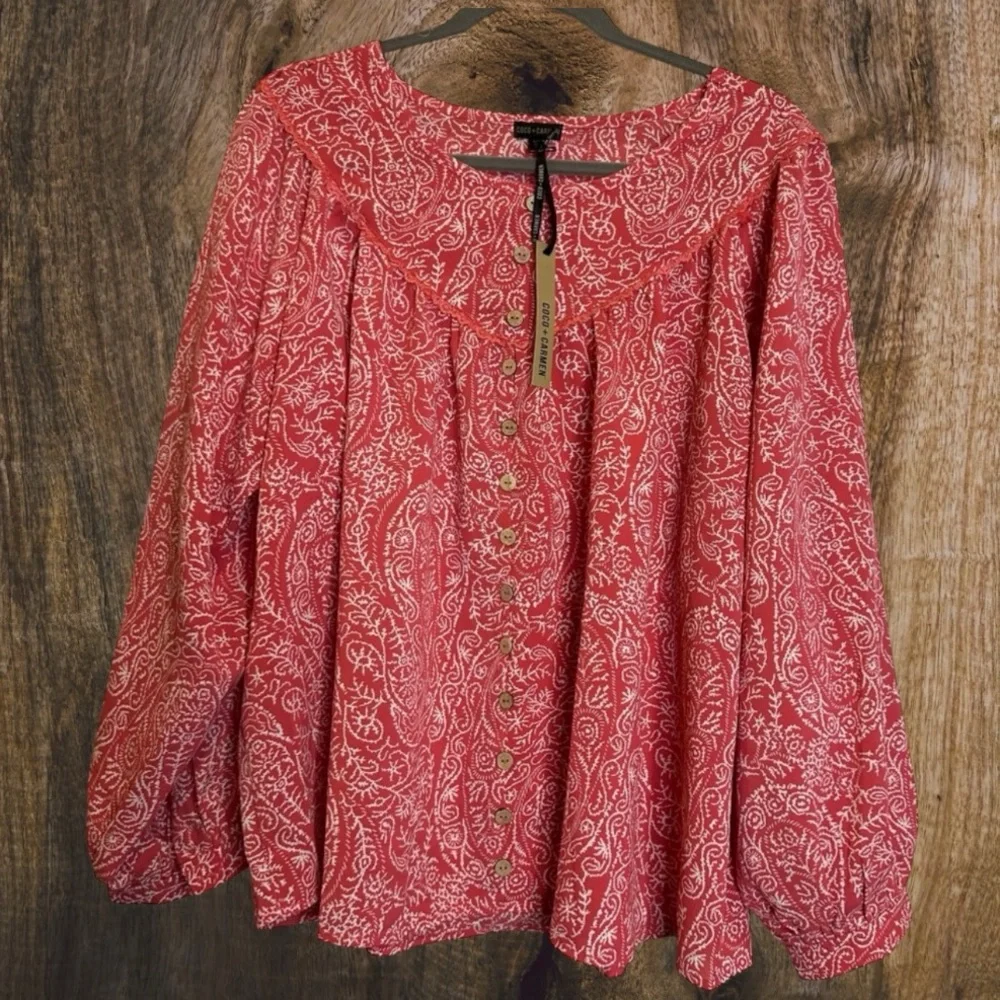 Darla Faux Button Paisley Peasant Style Blouse | Bright Rose - Picture 1 of 5